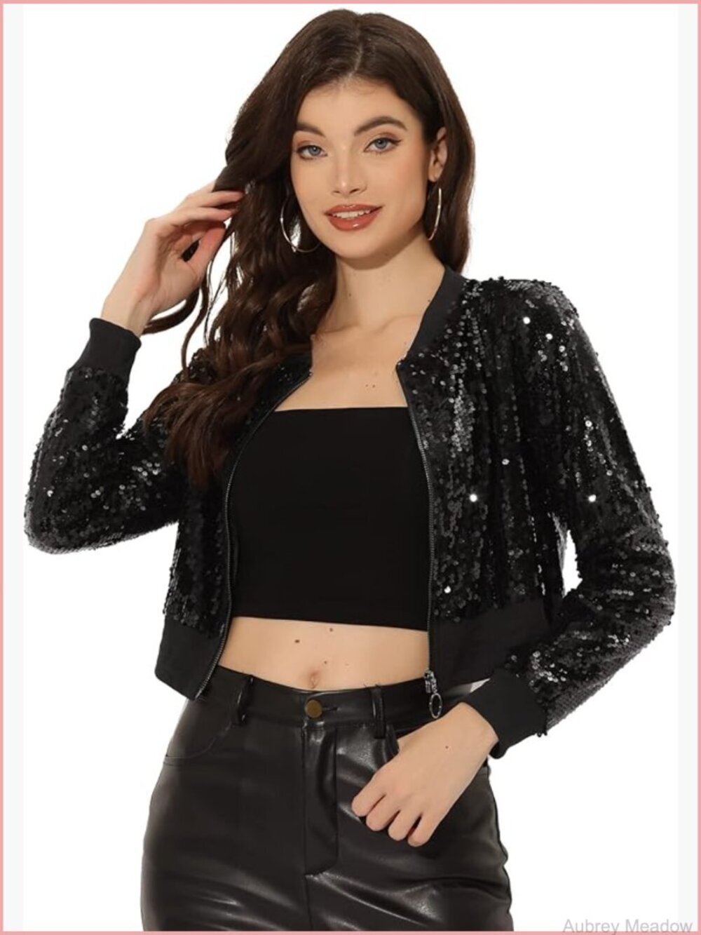 Cropped Sequin Bomber Jacket Long Sleeve Front Zip Sparkly Disco Party Outfit
